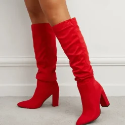 Women's Red Suede Slouch Knee High Boots – Pointed Toe Chunky Heel Long Boots for Party, Christmas, and Night Out Outfits