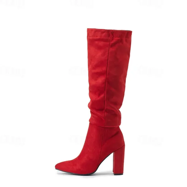 Women's Red Suede Slouch Knee High Boots – Pointed Toe Chunky Heel Long Boots for Party, Christmas, and Night Out Outfits