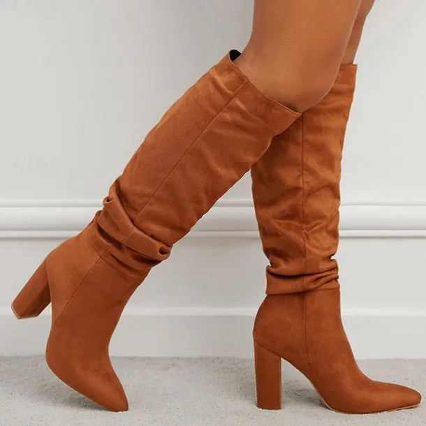 Women's Red Suede Slouch Knee High Boots – Pointed Toe Chunky Heel Long Boots for Party, Christmas, and Night Out Outfits