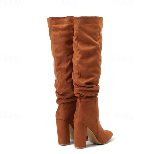 Women's Red Suede Slouch Knee High Boots – Pointed Toe Chunky Heel Long Boots for Party, Christmas, and Night Out Outfits