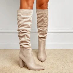 Women's Red Suede Slouch Knee High Boots – Pointed Toe Chunky Heel Long Boots for Party, Christmas, and Night Out Outfits