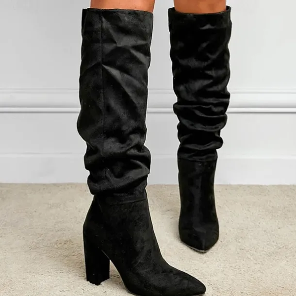 Women's Red Suede Slouch Knee High Boots – Pointed Toe Chunky Heel Long Boots for Party, Christmas, and Night Out Outfits