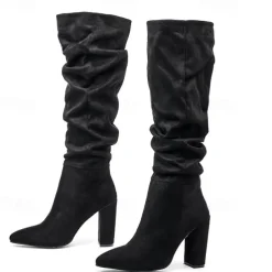 Women's Red Suede Slouch Knee High Boots – Pointed Toe Chunky Heel Long Boots for Party, Christmas, and Night Out Outfits