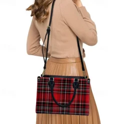 Women's Red Tartan Plaid Handbag with Adjustable Strap – Stylish Crossbody Bag for Everyday and Office Use