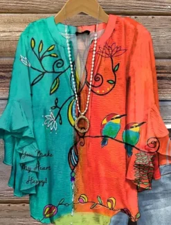 Women's Retro Blouse Layered Ruffle Sleeve Tops Vintage Floral Graphic Bohemia Vintage Daily 3/4 Length Sleeve Regular Tops Daily Holiday Vacation Wear Print White Blue Dusty Blue Orange