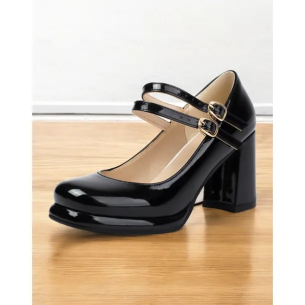 Women's Retro Double-Strap Mary Jane Heels - Patent Leather Block Heel Shoes for Vintage-Inspired Outfits