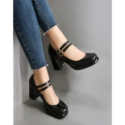 Women's Retro Double-Strap Mary Jane Heels - Patent Leather Block Heel Shoes for Vintage-Inspired Outfits