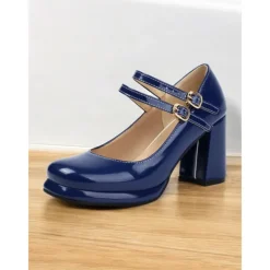 Women's Retro Double-Strap Mary Jane Heels - Patent Leather Block Heel Shoes for Vintage-Inspired Outfits