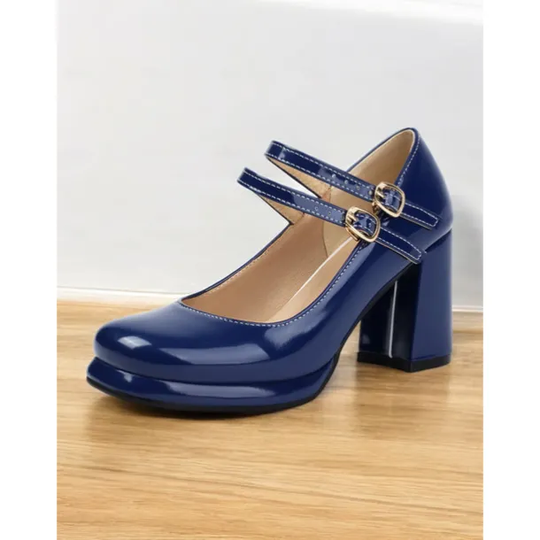 Women's Retro Double-Strap Mary Jane Heels - Patent Leather Block Heel Shoes for Vintage-Inspired Outfits
