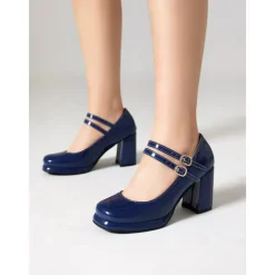Women's Retro Double-Strap Mary Jane Heels - Patent Leather Block Heel Shoes for Vintage-Inspired Outfits