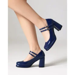 Women's Retro Double-Strap Mary Jane Heels - Patent Leather Block Heel Shoes for Vintage-Inspired Outfits