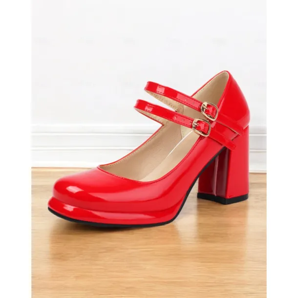 Women's Retro Double-Strap Mary Jane Heels - Patent Leather Block Heel Shoes for Vintage-Inspired Outfits