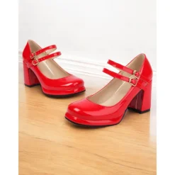 Women's Retro Double-Strap Mary Jane Heels - Patent Leather Block Heel Shoes for Vintage-Inspired Outfits