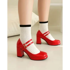 Women's Retro Double-Strap Mary Jane Heels - Patent Leather Block Heel Shoes for Vintage-Inspired Outfits