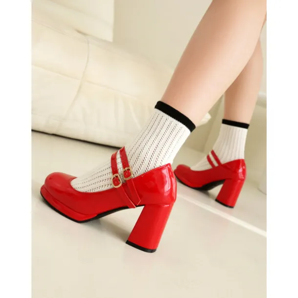 Women's Retro Double-Strap Mary Jane Heels - Patent Leather Block Heel Shoes for Vintage-Inspired Outfits
