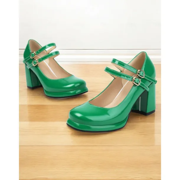 Women's Retro Double-Strap Mary Jane Heels - Patent Leather Block Heel Shoes for Vintage-Inspired Outfits