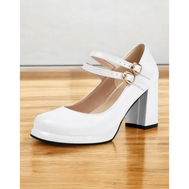 Women's Retro Double-Strap Mary Jane Heels - Patent Leather Block Heel Shoes for Vintage-Inspired Outfits