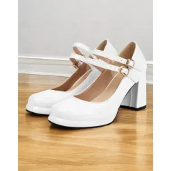 Women's Retro Double-Strap Mary Jane Heels - Patent Leather Block Heel Shoes for Vintage-Inspired Outfits