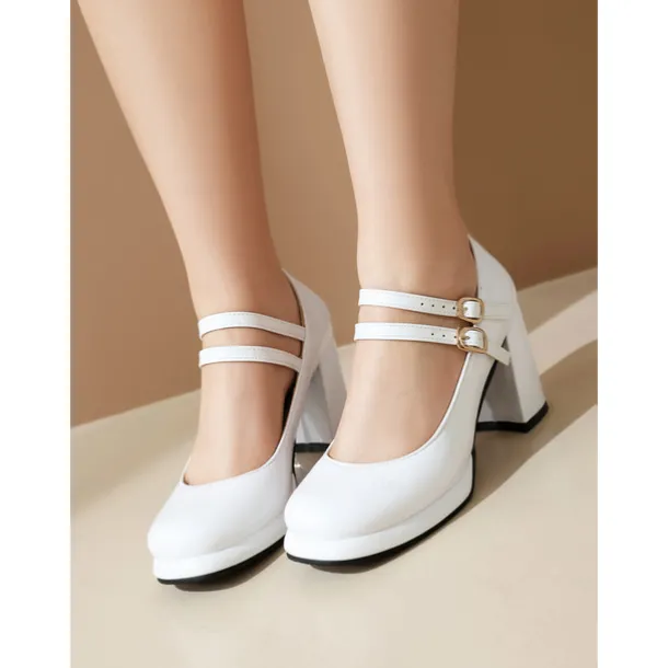 Women's Retro Double-Strap Mary Jane Heels - Patent Leather Block Heel Shoes for Vintage-Inspired Outfits