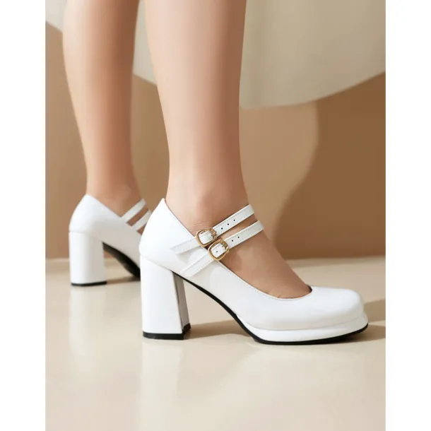 Women's Retro Double-Strap Mary Jane Heels - Patent Leather Block Heel Shoes for Vintage-Inspired Outfits