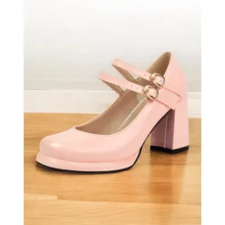 Women's Retro Double-Strap Mary Jane Heels - Patent Leather Block Heel Shoes for Vintage-Inspired Outfits