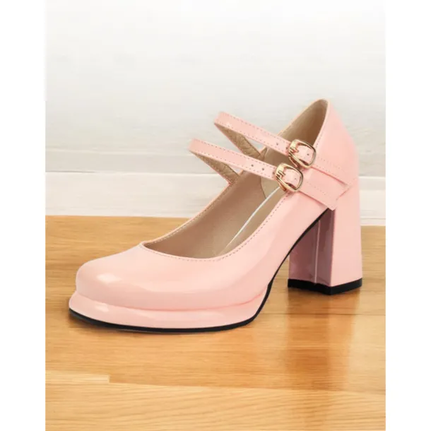 Women's Retro Double-Strap Mary Jane Heels - Patent Leather Block Heel Shoes for Vintage-Inspired Outfits