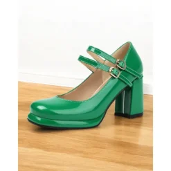 Women's Retro Double-Strap Mary Jane Heels - Patent Leather Block Heel Shoes for Vintage-Inspired Outfits