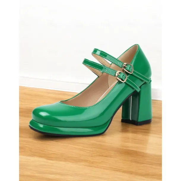 Women's Retro Double-Strap Mary Jane Heels - Patent Leather Block Heel Shoes for Vintage-Inspired Outfits