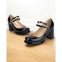 Women's Retro Double-Strap Mary Jane Heels - Patent Leather Block Heel Shoes for Vintage-Inspired Outfits