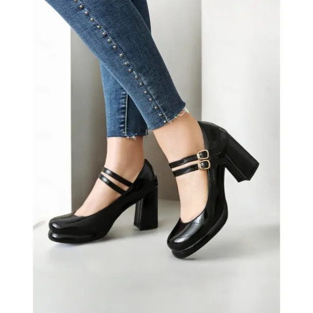 Women's Retro Double-Strap Mary Jane Heels - Patent Leather Block Heel Shoes for Vintage-Inspired Outfits