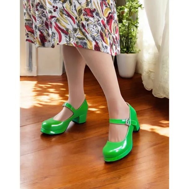 Women's Retro Patent Faux Leather Green Mary Jane Heels – Chunky Block Heel Platform Pumps for Cosplay, Parties & Vintage Fashion
