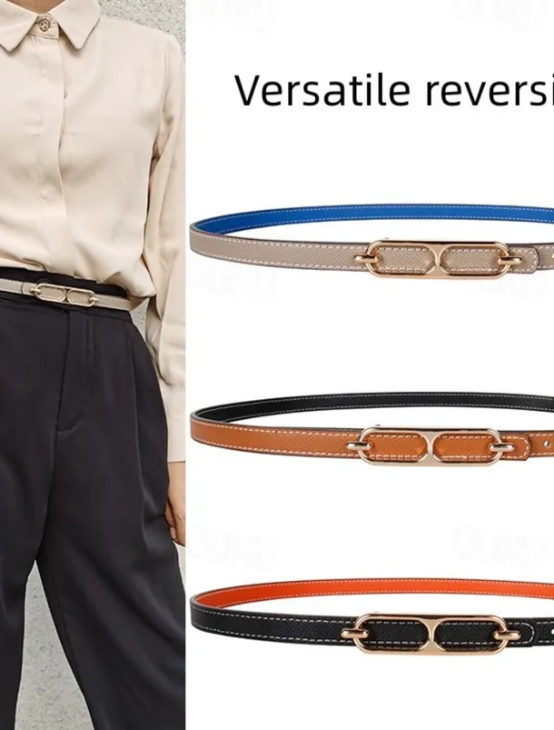 Women's Reversible Belt PU Leather Metal Bucke Eyelet Casual Formal Party Work Black Brown Gray