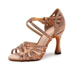 Women's Rhinestone Ballroom Dance Heels – Strappy Latin Salsa Shoes with Suede Sole, Perfect for Performance and Competitive Dancing