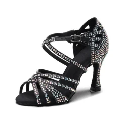 Women's Rhinestone Ballroom Dance Heels – Strappy Latin Salsa Shoes with Suede Sole, Perfect for Performance and Competitive Dancing