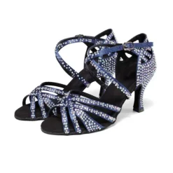 Women's Rhinestone Ballroom Dance Heels – Strappy Latin Salsa Shoes with Suede Sole, Perfect for Performance and Competitive Dancing