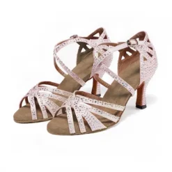 Women's Rhinestone Ballroom Dance Heels – Strappy Latin Salsa Shoes with Suede Sole, Perfect for Performance and Competitive Dancing