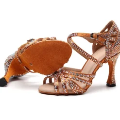 Women's Rhinestone Ballroom Dance Heels – Strappy Latin Salsa Shoes with Suede Sole, Perfect for Performance and Competitive Dancing