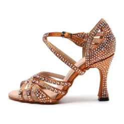 Women's Rhinestone Ballroom Dance Heels – Strappy Latin Salsa Shoes with Suede Sole, Perfect for Performance and Competitive Dancing
