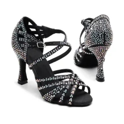 Women's Rhinestone Ballroom Dance Heels – Strappy Latin Salsa Shoes with Suede Sole, Perfect for Performance and Competitive Dancing