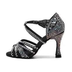 Women's Rhinestone Ballroom Dance Heels – Strappy Latin Salsa Shoes with Suede Sole, Perfect for Performance and Competitive Dancing