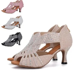 Women's Rhinestone Dance Sandals – Glittering Open-Toe Ballroom Shoes with Zipper Closure for Salsa, Latin, and Dance Events