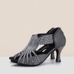 Women's Rhinestone Dance Sandals – Glittering Open-Toe Ballroom Shoes with Zipper Closure for Salsa, Latin, and Dance Events