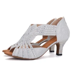 Women's Rhinestone Dance Sandals – Glittering Open-Toe Ballroom Shoes with Zipper Closure for Salsa, Latin, and Dance Events