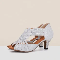 Women's Rhinestone Dance Sandals – Glittering Open-Toe Ballroom Shoes with Zipper Closure for Salsa, Latin, and Dance Events