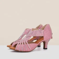 Women's Rhinestone Dance Sandals – Glittering Open-Toe Ballroom Shoes with Zipper Closure for Salsa, Latin, and Dance Events