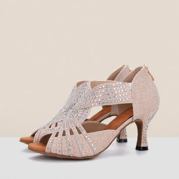 Women's Rhinestone Dance Sandals – Glittering Open-Toe Ballroom Shoes with Zipper Closure for Salsa, Latin, and Dance Events