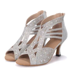 Women's Rhinestone Embellished Open-Toe Dance Shoes - Sparkly Performance Heels for Ballroom and Latin Dance