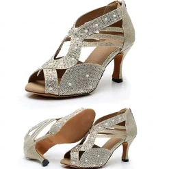 Women's Rhinestone Embellished Open-Toe Dance Shoes - Sparkly Performance Heels for Ballroom and Latin Dance