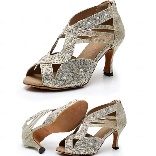 Women's Rhinestone Embellished Open-Toe Dance Shoes - Sparkly Performance Heels for Ballroom and Latin Dance