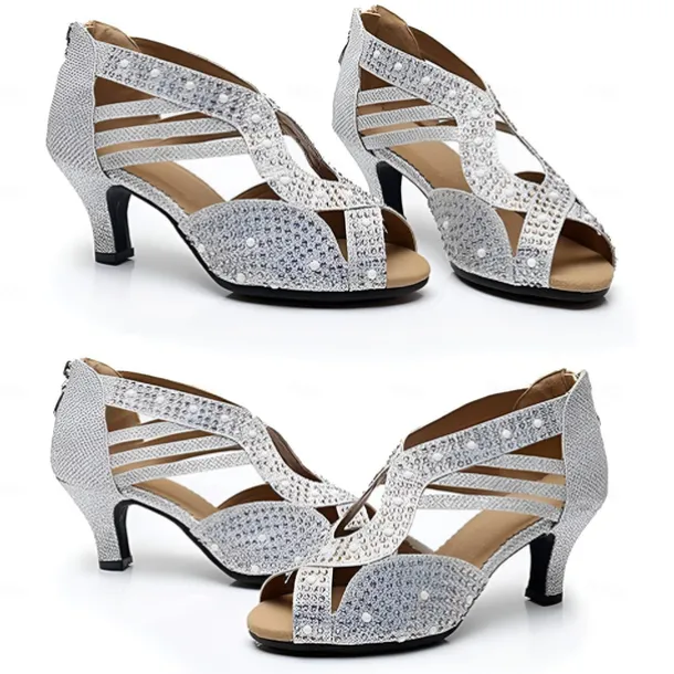Women's Rhinestone Embellished Open-Toe Dance Shoes - Sparkly Performance Heels for Ballroom and Latin Dance